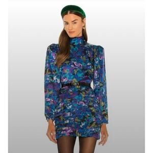 Ronny Kobo Annika Dress Puff Sleeve High Neck Sheath Mini Blue Purple Floral XS